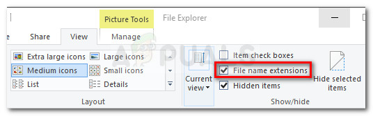 Make sure that File name extensions option is checked