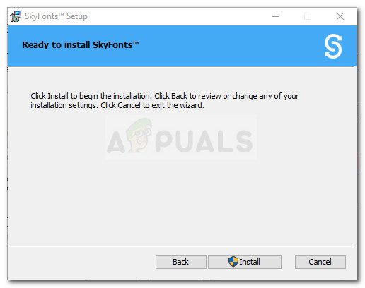 Starting the installation of Skyfonts