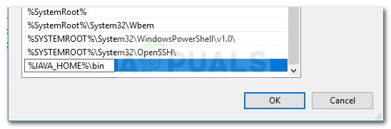 Create a new environment variable and name it %JAVA_HOME%\bin