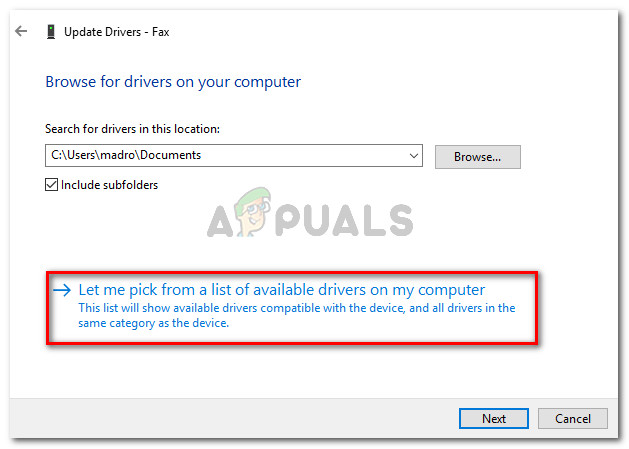 Click on Let me pick from a list of available drivers on my computer