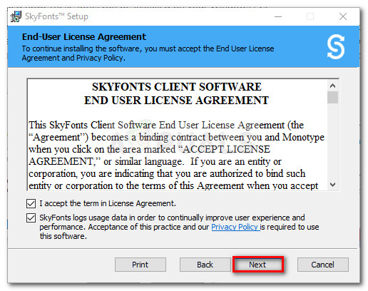 Agree with SkyFont's EULA and hit Next to proceed