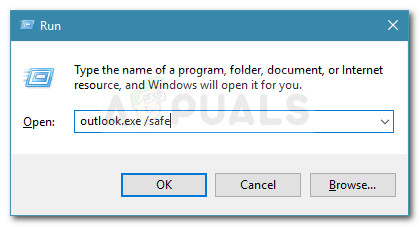 Run dialog: outlook.exe /safe