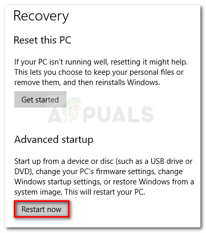 Restart in the Advanced Startup Options menu