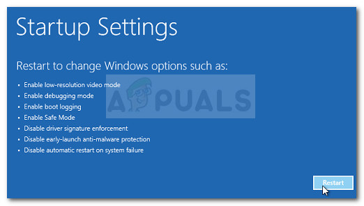 Click Restart to bring up the Startup Settings menu