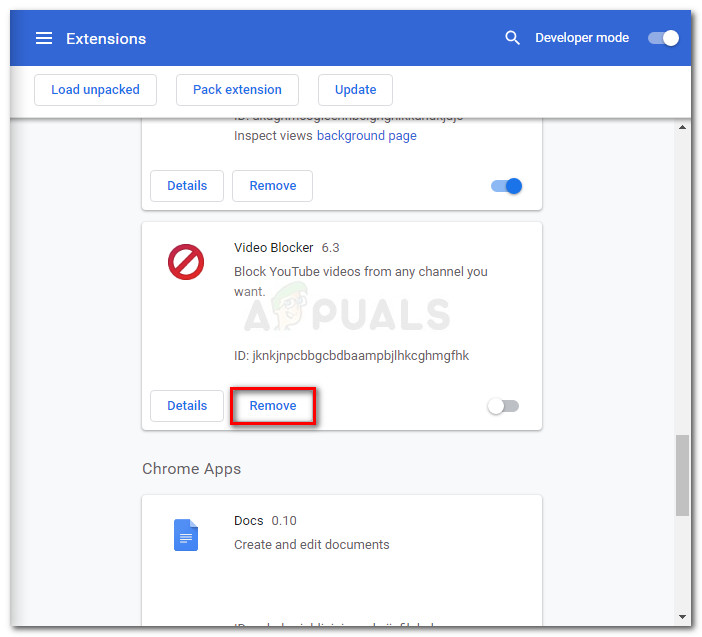 Uninstall extension via Remove button