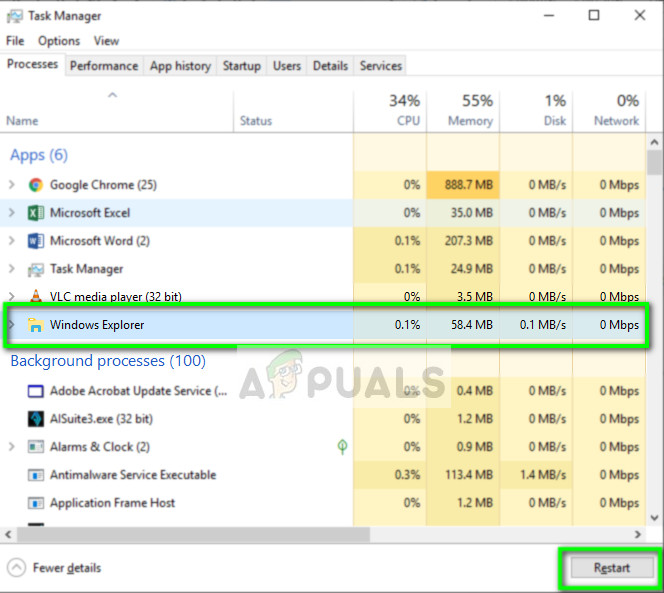 Restarting Explorer.exe - Task manager on Windows 10