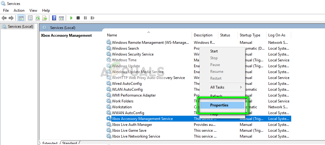 Xbox Accessory Management Service Properties - Services