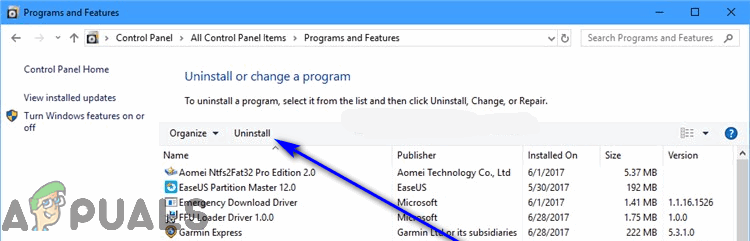 uninstall in add or remove programs