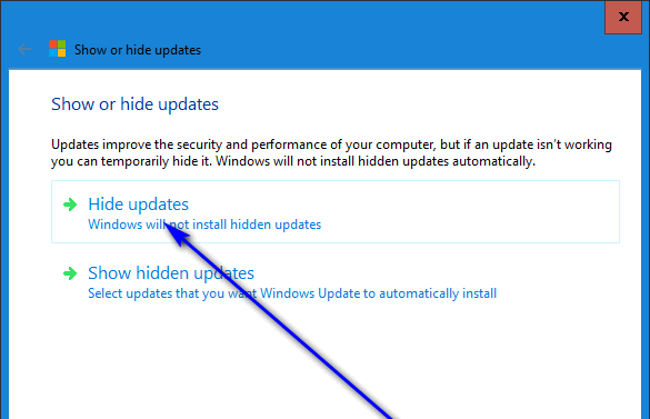 click on hide updates in the troubleshooter