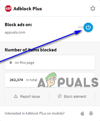 Click the blue power button to disable AdBlock Plus