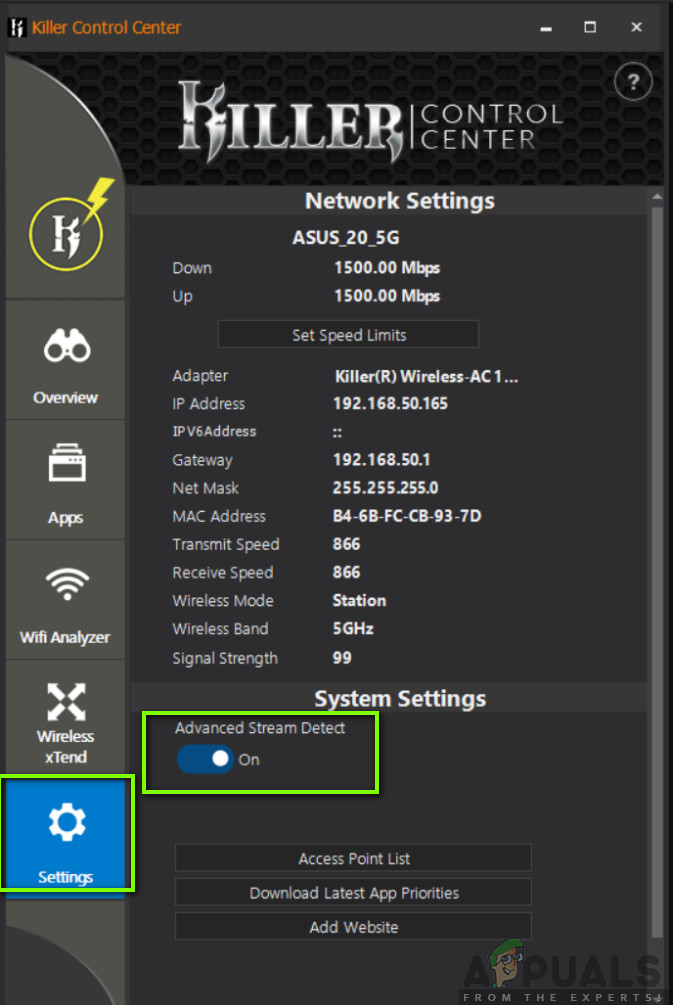 Disabling Advanced Stream Detect - Killer Network