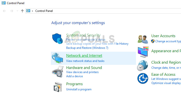 Network and Internet settings - Control panel on Windows 10
