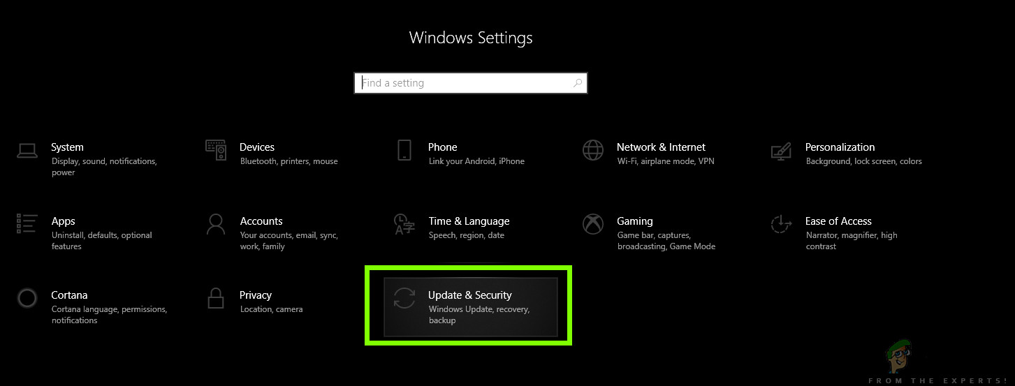 Opening Updates and Security - Windows 10 Settings