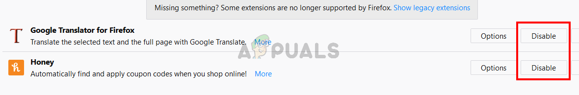Click Disable for all extensions of Firefox