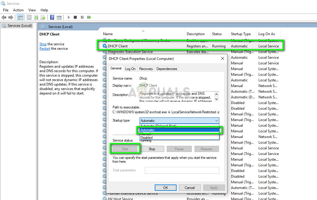 Enabling DHCP Client service - Services