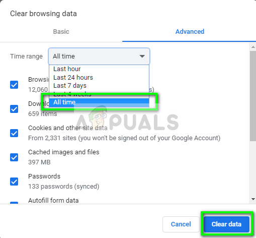 Removing cache, cookies, and browsing data
