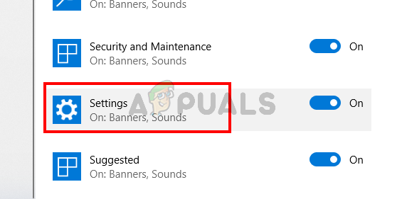 Select Settings from notifications list of apps