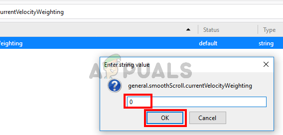change general.smoothScroll.currentVelocityWeighting value to 0