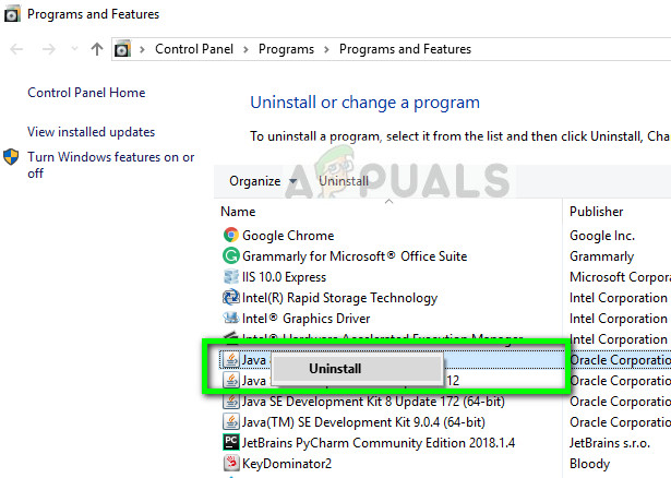 Uninstalling Java Runtime on Windows 10