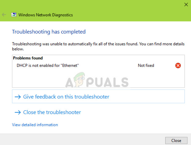 DHCP is not enabled for Ethernet