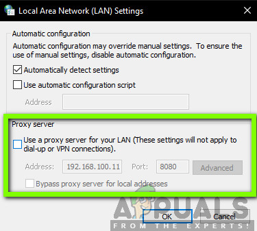 Disabling Proxy Server - LAN Settings