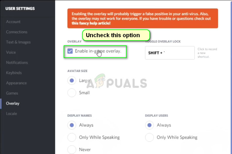 Disabling in-game overlay - Discord on Windows 10