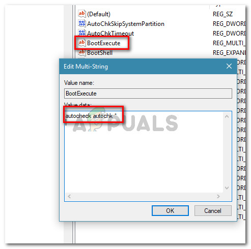 Making sure that the BootExecute value is set to autocheck autochk *
