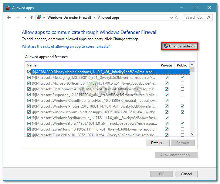 Clicking on Change settings to allow security changes