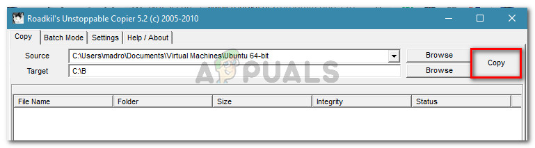 Starting the copying process