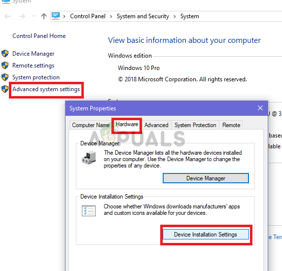 click on Device installation under the hardware tab in Advanced system settings