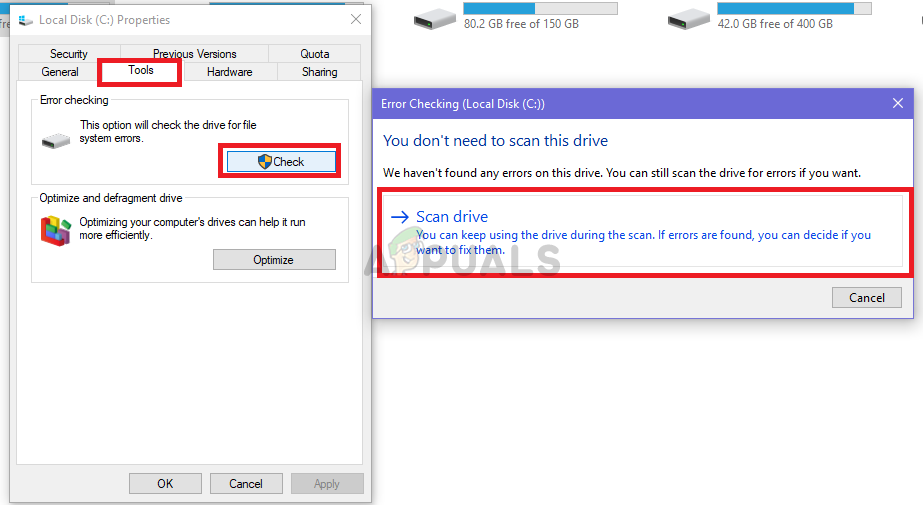 Click Scan drive after clicking Check under Tools to start the scan
