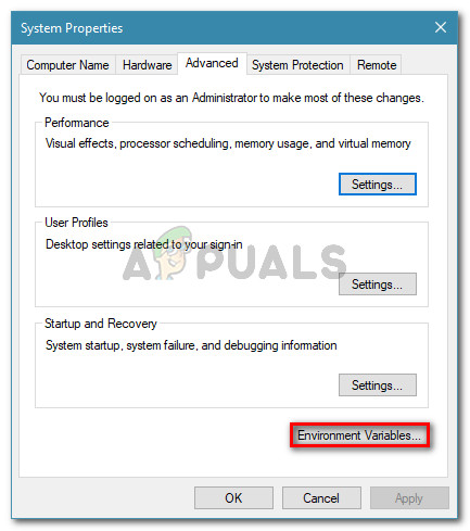 Environment Variables window in Windows system settings