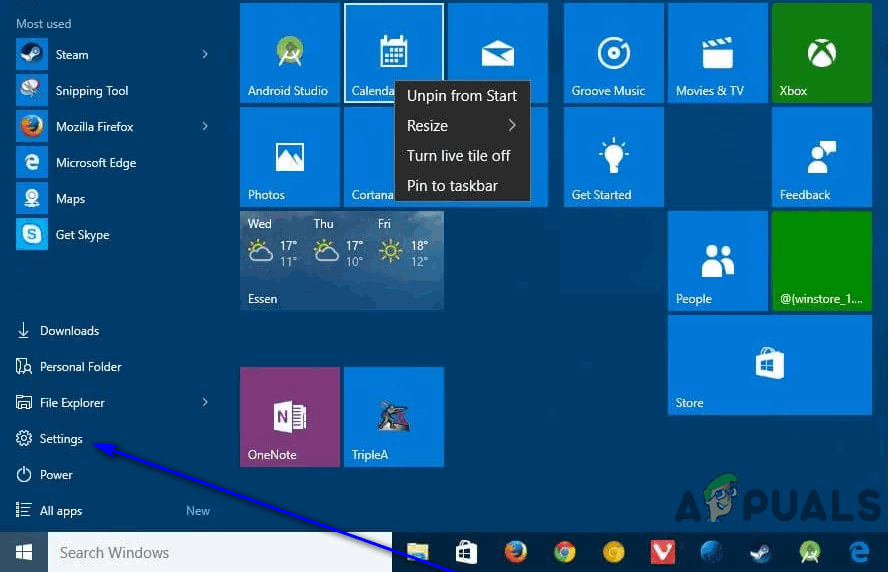 click on settings in start menu
