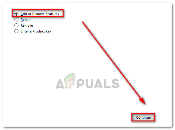 Select the Add or Remove Features toggle and click Continue.