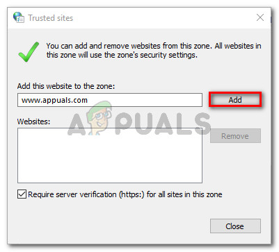 Adding the website to the list of trusted websites