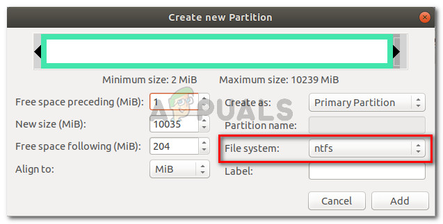 Create a new NTFS partition and click Add