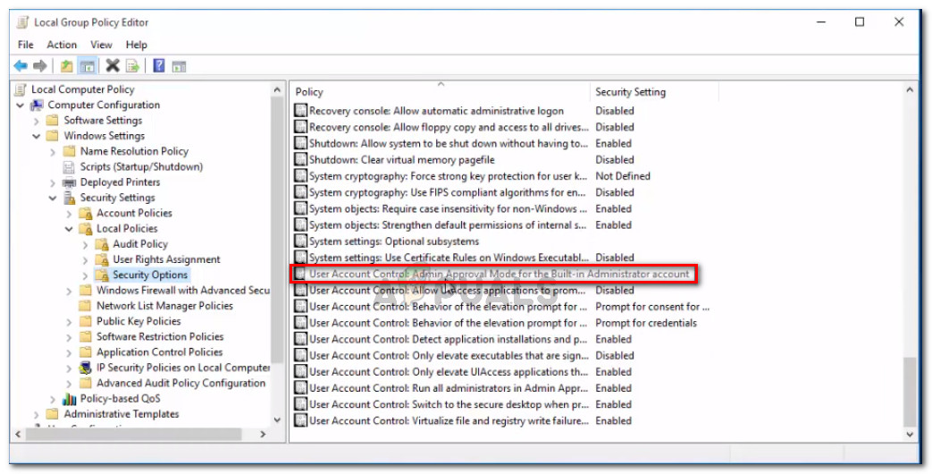 Double-click on User Account Control : Admin Approval Mode for the Built-in Administrator Account from the right pane