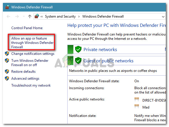 Click on Allow an app or feature through Windows Defender Firewall