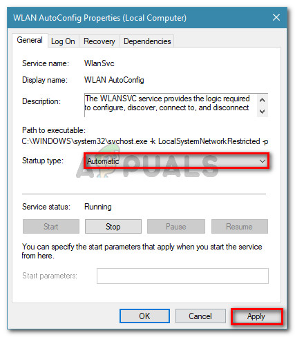 Set the Startup Type to Automatic, then press Apply to save the Changes