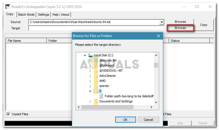 Browse to the target location