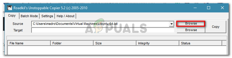 Browsing to the file that needs to be copied