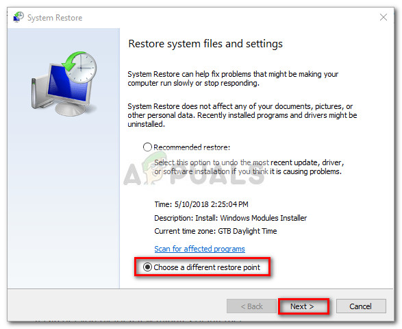 Select the Choose a different restore point toogle and hit Next