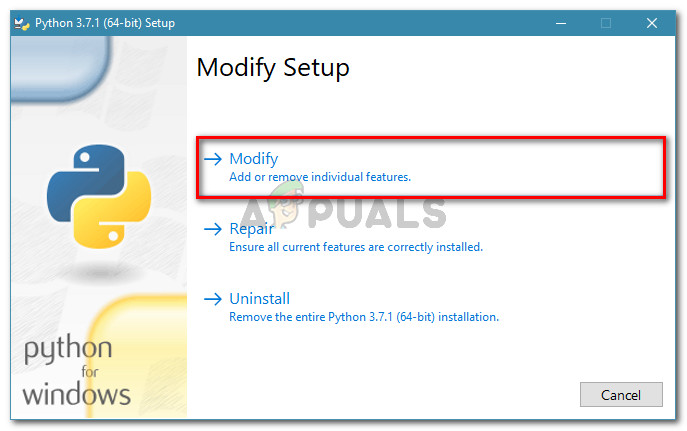 Select Modify to check if pip is installed