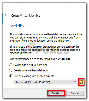 Browsing to the location of the VDI file before creating the new machine