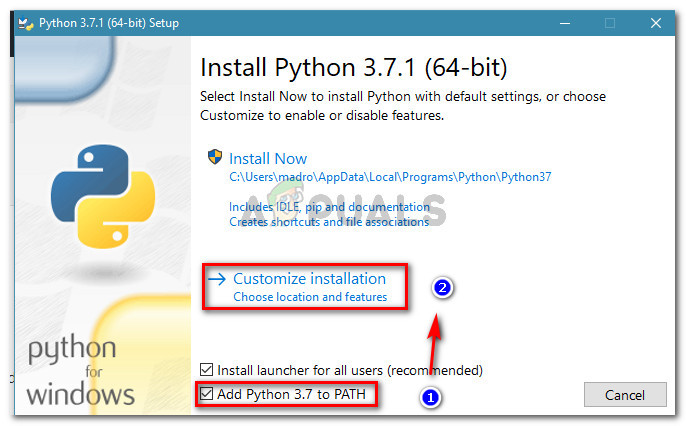 Check 'Add Python to PATH' and click 'Customize installation'