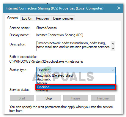 Changing the startup type of the ICS service to Disabled