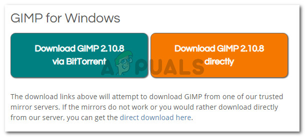 Downloading the GIMP installation executable 