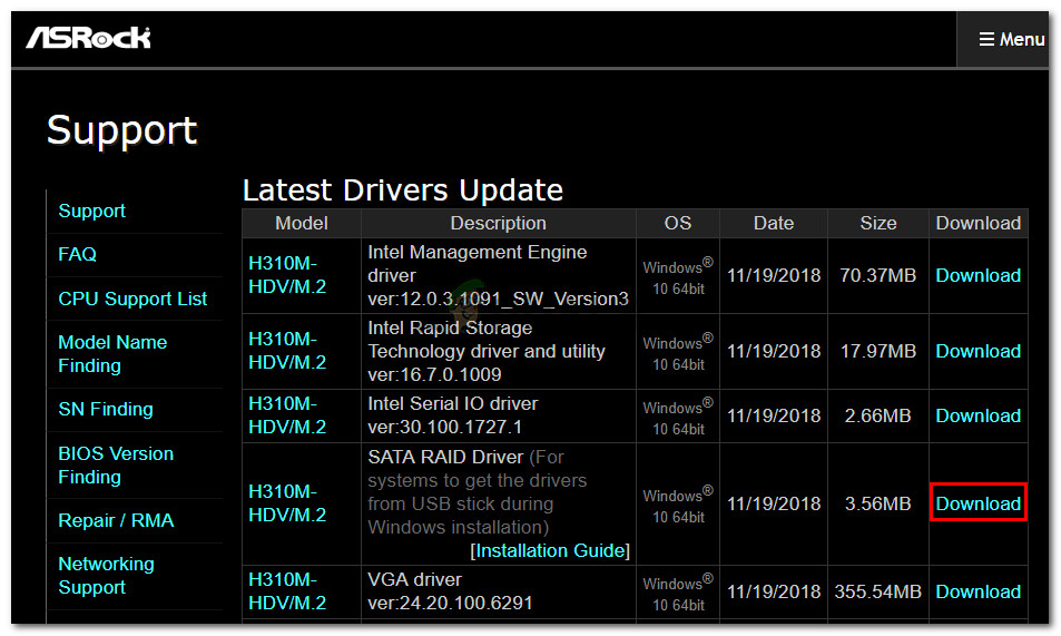 Downloading the SATA (RAID) driver for an ASRock motherboard