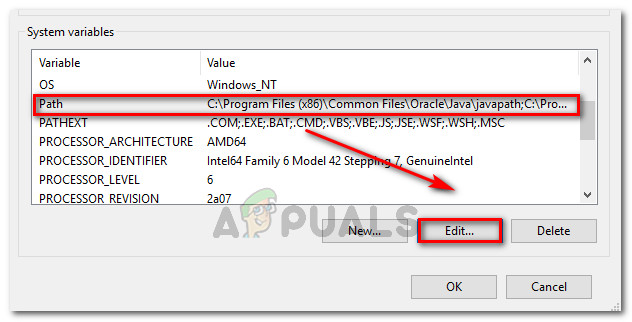 Select the PATH entry from the System Variables menu and click on Edit