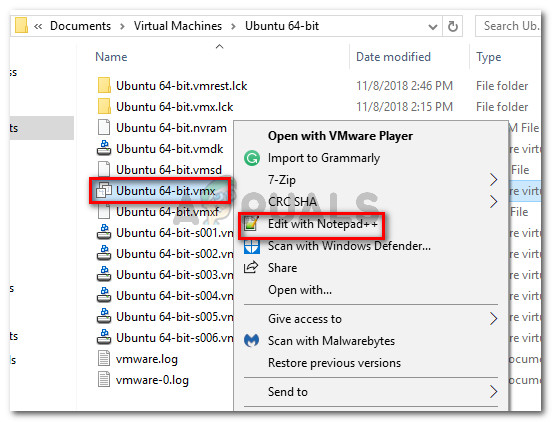Right-click on the .vmx file and choose Edit with Notepad++